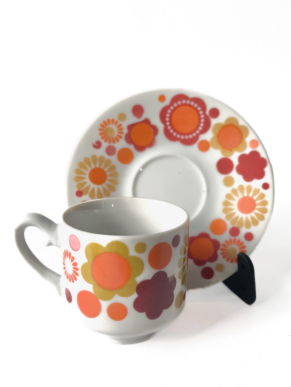 Groovy Vintage 70’s Orange Flower Power Espresso Cup & Saucer Demitasse Greece